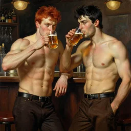 attractive muscular male wearing pants with red hair and muscular attractive male wearing pants with black hair, drinking their hearts out, in a pub. very defined and highly detailed painting by j. c. leyendecker, gaston bussiere, craig mullins 8 k