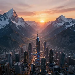 beautiful sunset over detailed cyberpunk city in a valley surrounded by epic mountains with snowtops, sharp, highly detailed, hyperrealistic, kacper niepokolczycki, syd mead, 4 k, perfect geometry