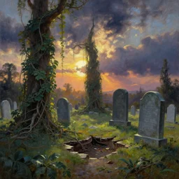 jungle vines, big graveyard gravestones, dramatic sky, ground broken, backlight, dramatic sunrise, oil painting landscape by frazetta by saturno butto by alex horley