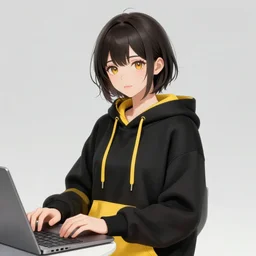 a vtuber model concept art of a beautiful girl in a black and yellow hoodie, front view typing in an iphone, artstation, digital art, commission art, style by jordan grimmer and greg rutkowski, 4 k resolution