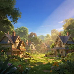 victorian village green, small houses, blue sky, fantasy, concept art, low angle, highly detailed, warm lighting, volumetric, godrays, vivid, trending on artstation, by jordan grimmer, greg rutkowski