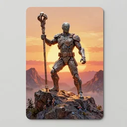 ( a human made of rock holding a staff, sunset on top of a mountain, front game card. marvel comics, light, intricate, highly detailed, smooth, artstation, digital illustration by ruan jia and mandy jurgens and artgerm and wayne barlowe and greg rutkowski and zdislav beksinski