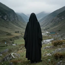 A cloaked figure, standing in a valley