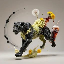 abstract composition representing a panther created by a mixture of pistachio ice cream, black marble, dandelions and coca cola being thrown around by centrifugal forces, brilliant museum sculpture, award winning photo, 4k
