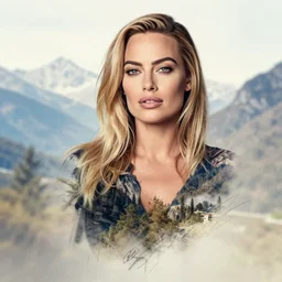 tattoo design sketch double exposure of margot robbie blended in beautiful mountain scenery, creative mash up, in the style of arlo dicristina, surrealist, amazing detail, sharp