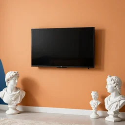 a tv on a wall with greek bust statues and orange and blue background