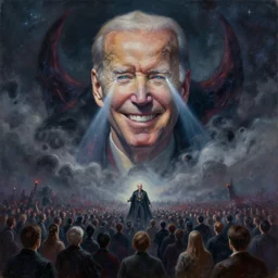 abstract obscure painting of giant Joe Biden smiling evil emperor of the world emerging in dark clouds, Sidious, immense crowd of people, cosmic horror , trending on ArtStation, masterpiece, by Greg Rutkowski, by Ross Tran, by Fenghua Zhong, octane, lightbeam eyes, soft render, clear facial features, oil on canvas, moody lighting, cinematic, professional environment concept art
