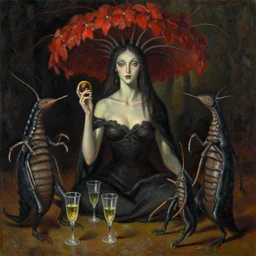a beautiful amazing oil painting of nightshade and tentackles, pils, glasses by zdzisław beksinski, jean delville, edmund dulac, jean giraud, ellen jewett, trending on artstation, ray tracing, featured on behance, vision of chaos, octane render
