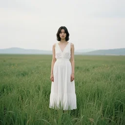 photo by ansel adams of a woman in a white dress standing in a meadow