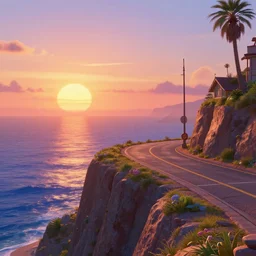 epic professional digital art of a lonely street on a cliff over the sea at sunset, highly detailed, pixar movie, in the style of toy story, trending at artstation