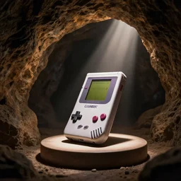 beautiful cinematic photo of a gameboy on a pedestal in a cave, with a beam of light shining on the gameboy