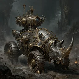 very complex hyper - maximalist overdetailed cinematic darkfantasy illustration of an elegant very brutal and dangerous and wild steampunk siege rhino battle machine by andrei riabovitchev, tomasz alen kopera, oleksandra shchaslyva. omnious intricate.