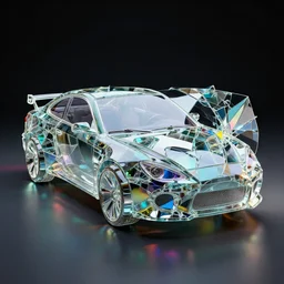 vaporwace car made of fractured glass, multi colors, prisms, mirrors, reflections by wagner kuroiwa, trending on artstation, dramatic lighting, octane render, weta digital, micro details, 3 d sculpture, structure, ray trace, insane details, intricate, elite, ornate, elegant, octane, hyper detailed, trending on deviantart,