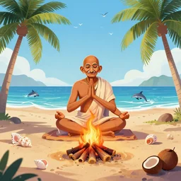 photorealistic illustration of ghandi in a yoga pose sitting around a campfire at the beach with palm trees in the back, birds in the sky, dolphins in the ocean, footsteps in the sand, seashell and coconuts scattered around, artstation, deviantart, cgsociety