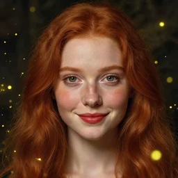 a highly detailed portrait of a red haired young woman, among golden fireflies and nature, deep green eyes, hint of freckles, round gentle face, cheeky smile with red lips, deep focus, smooth, sharp, golden ratio, elegant, hyper realistic art by artemisia lomi gentileschi, caravaggio and sakimichan