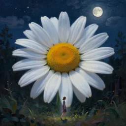 giant daisy flower head, girl walking in forest, surreal photography, dark night, stars, moon light, impressionist painting, clouds, digital painting, artstation, simon stalenhag