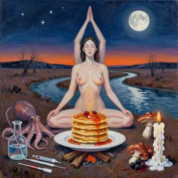 yoga, sensual female painting a self - portrait, pancakes, camp fire, river, dusk, moonlight, stars, moonscape, barren landscape, berries, octopus, surgical supplies, mushrooms, scientific glassware, fungus, candle dripping white wax, berry juice drips, neoexpressionism, surrealism, acrylic and spray paint and oilstick on canvas