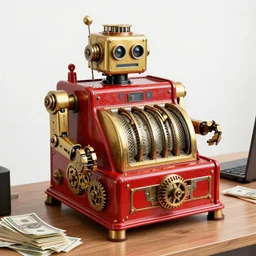 photo of a huge golden and red metal steampunk robot made of an antique cash register with 6 robotarms and gears sitting in an office, on the office table and floor is a mountain of money bills, eyes are glowing red lightbulbs, moneybills all over the place, shiny crisp finish, 3 d render, 8 k, insaneley detailed, fluorescent colors, background is multicolored lasershow