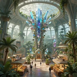 Matte painting of the interior view of giant botanical museum. Magitech aetherpunk crystals. Market. Fantastical, detailed digital art trending in artstation