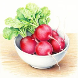 colored pencil drawing of radishes in a bowl on a table