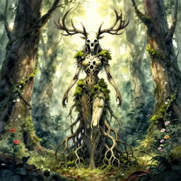 roots female form forest spirit standing in the woods, skull, branch antlers, moss, vines and flowers, totem, light rays, high detail, cinematic lighting, anime, manga, watercolor, by greg rutkowski,