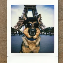 a german shepherd wearing a turtleneck, beret and sunglasses, paris 2010, polaroid photo