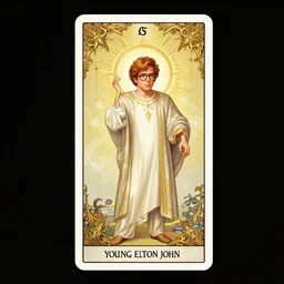 young Elton John tarot, holy light, intricate, elegant, highly detailed, digital painting, artstation, concept art, smooth, sharp, focus, illustration, art by artgerm , james jean, gustav klimt, greg rutkowski, and alphonse mucha