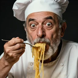 extremely detailed portrait of old italian cook, lazy eyes, spaghetti mustache, slurping spaghetti, spaghetti in the nose, spaghetti hear, spaghetti beard, huge eyes, surprised, shocked, dirty shirt, full frame, award winning photo by letizia battaglia