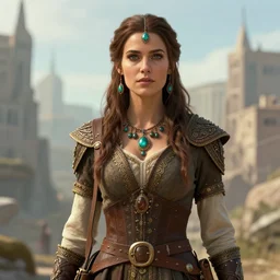 fantasy medium shot female adventurer with ornated clothing and jewels by tom bagshaw, artstation, deviantart, city background
