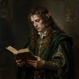 a 1 3 th century, enigmatic, melancholic, fae king ( look like ( ( forthy years old james frain ) ), is ( ( holding an old book ) ). everything is sad. light dust, magnificent, detailed, theatrical, painted by velasquez