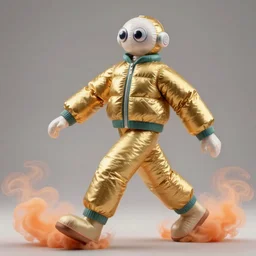 a single striding slender figurine of a tall giant inflated space woman wearing over sized gold teal puffy bomber jacket, long bendy arms and legs, googly eyes, cartoon eyes, tareme eyes, small head, personification, dynamic pose, detailed product photo, tone mapped, beautiful composition, orange mist swirling at feet, 8 5 mm, f 5. 8