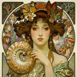 realistic detailed face portrait of an elaborately dressed beautiful ammonite geisha by alphonse mucha, ayami kojima, amano, charlie bowater, karol bak, greg hildebrandt, jean delville, and mark brooks, art nouveau, pre - raphaelite, gothic, neogothic, coral reef by ernst haeckel, fantasy character concept design, moody colors