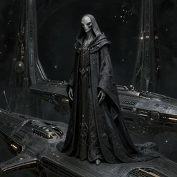 a very wealthy tall and thin hooded, robed gray - skinned alien space elf, in a long dark flowing ornate fancy cloak, on dark ancient starship, science fiction, gothic, intricate, elegant, illustration, digital painting, 8 k, fine detail, art by greg rutkowski, frank frazetta, jack kirby, albert aublet, frank herbert, and alphonse mucha