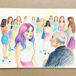 a drawing of a woman - strawberry with pink and blue hair talking to an old man, a busy birthday party with numerous girls in their 2 0 s, poska and spraypaint on paper