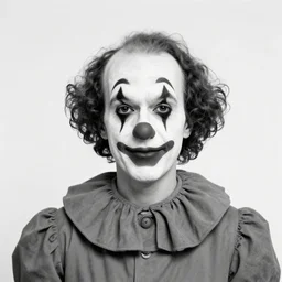 portrait of a clown by diane arbus, black and white photography