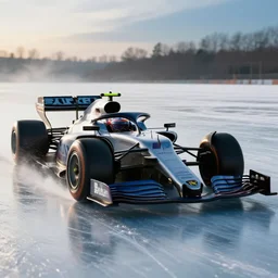 F1 car racing over an ice lake, cinematic, epic, car shot