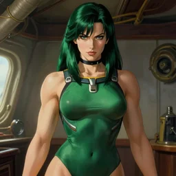 intense demeanor. close detailed painted portrait. ship interior bg. screenshot of a scene in metroid zero of pretty beautiful tall muscular woman by norman rockwell. character designed by hideaki anno. bodysuit. lustrous dark green hair. digital. lighting by james gurney. trending on artstation. masterpiece. artgerm mucha rutkowski.