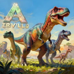 dinosaurs from ark survival evolved, epic painting, vibrant colors, trending on artstation, hd greg rutkowski, concept art