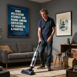 Jordan Peterson cleans his room with a vacuum, motivational poster, inspirational art, high detail, realistic, mid shot, open, sharp