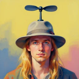 colorful painting of a man with a hat with a propellor on top with long blond hair, matte painting, trending on art station, ultra - detailed, hq