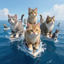 Fleet of giant cats sailing over a blue ocean, Darek Zabrocki, Karlkka, Jayison Devadas, Phuoc Quan, trending on Artstation, 8K, ultra wide angle, pincushion lens effect.
