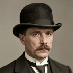 A photograph portrait of Jerma985 wearing a bowler hat in the early 1920s, taken in the early 1920s, grainy, taken on a early 1900s Kodak Camera, realistic, hyperrealistic, very realistic, highly detailed, very detailed, extremely detailed, detailed, digital art, trending on artstation