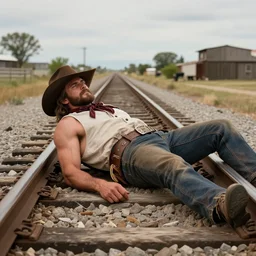 a shirtlass man with muscles laying down train tracks, wild west, detailed, realistic, 4 k, hdr
