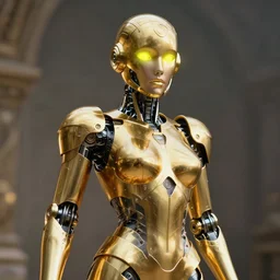 maria of metropolis, humanoid robot, golden full body armor, beautiful helmet in the shape of a face, scifi, futuristic, raytracing, neon yellow cyborg eyes, sharp focus, cinematic lighting, artstation, divine, by fritz lang, gauthier leblanc