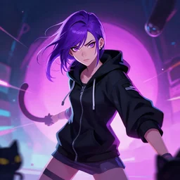 a pale skinny young girl with purple hair, the hime cut, 1 8, in a black hoodie, and a cat, apex legends character, digital illustration portrait design, by android jones and greg rutkowski, retrowave color scheme, detailed, cinematic lighting, wide angle action dynamic portrait