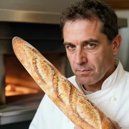 closeup portrait baker constricted by a baguette as he tries to fight it back into the oven, by Steve McCurry and David Lazar, natural light, detailed face, CANON Eos C300, ƒ1.8, 35mm, 8K, medium-format print