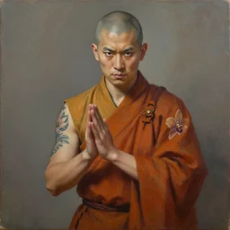 A matte oil on canvas portrait of a male martial artist monk,  orchid arm tattoos  by greg rutkowski and artgerm, trending on artstation,  dungeons and dragons art