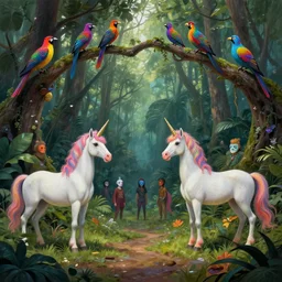 fairy tell story of jungle, unicorns standing on ground, psychedelic colorful birds sitting on trees, concept art, digital painting, cinematic lightening, people are wearing masks, wide angle shot, in the style of greg rutwoski, very hyper realistic, highly detailed, fantasy art station