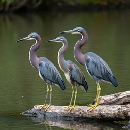 tri - colored heron sitting on a log by the river, canon 7 d mark ii canon l series ii 1 0 0 - 4 0 0 @ 1 8 8 mm iso 8 0 0, f / 9. 0, 1 / 4 0 0 sec, octane,