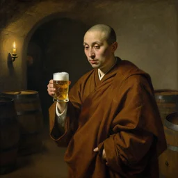 monk holding a beer mug, barrels in the background, cellar vault, lit by candlelight, painted by Vermeer